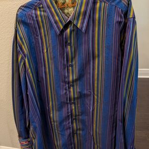 Robert Graham Classic Bold Blue and Yellow Striped Shirt With Contrast Cuffs
